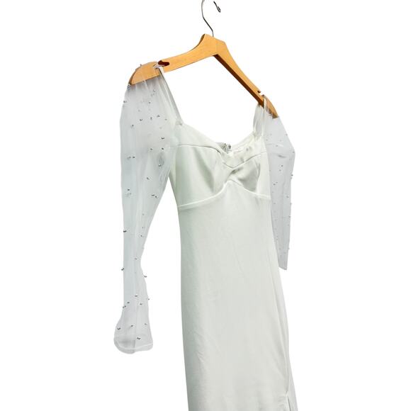 Lulus Eternally Beloved White Mesh Off-the-Shoulder Pearl Maxi Dress M NWT - Picture 3 of 10